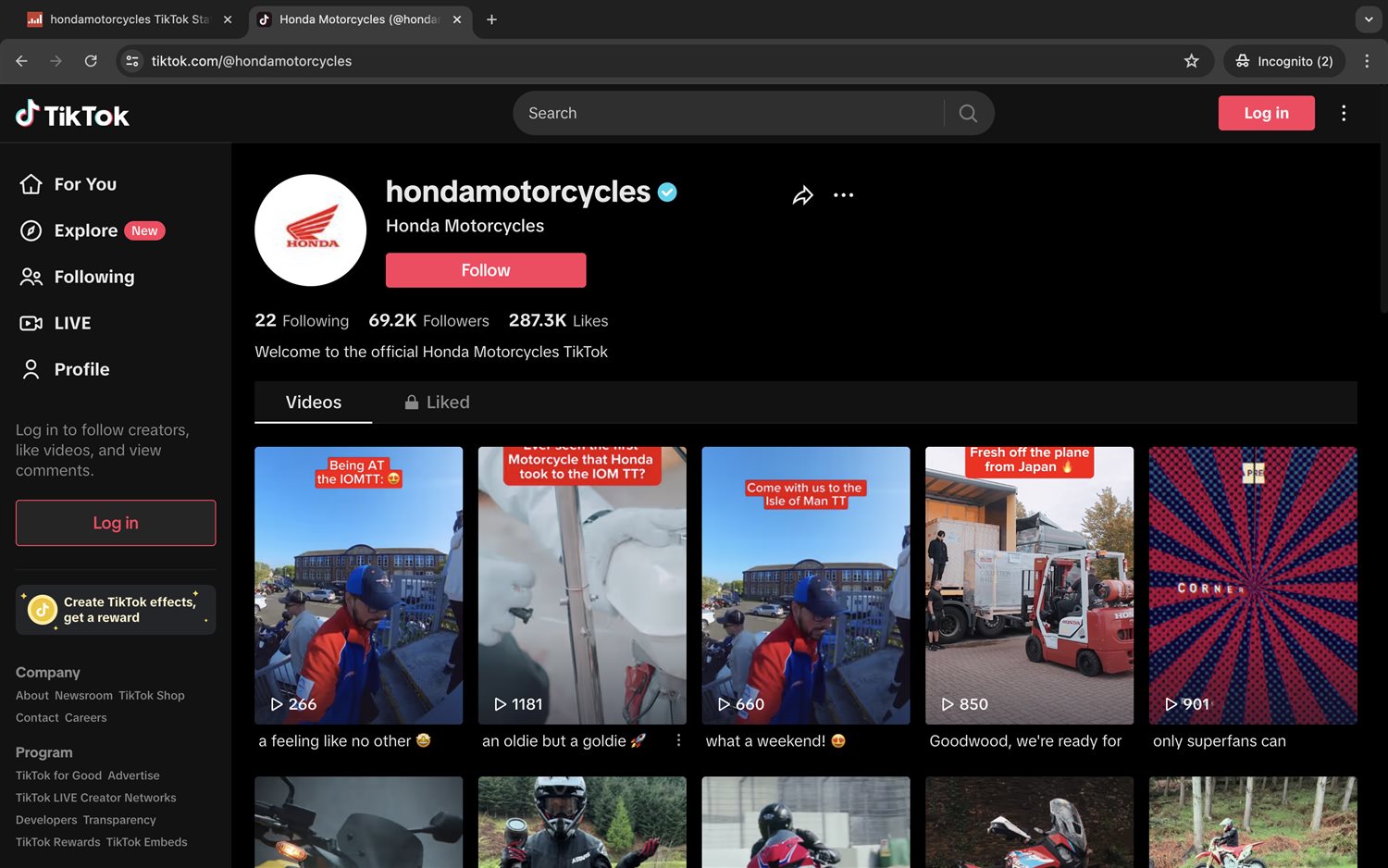 Honda Motorcycles TikTok in August 2024, 69.2K followers