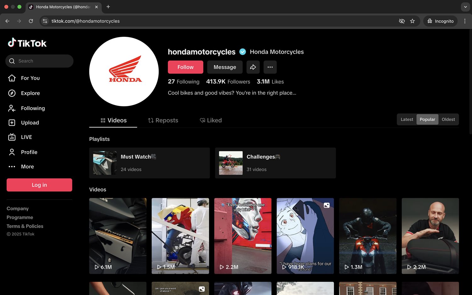 Honda Motorcycles TikTok in May 2025, 413.9K followers